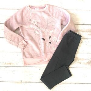 Girls 6/6x Fleece Deer Animal Sweatshirt Sweater Gray Leggings Outfit Size 6 6x